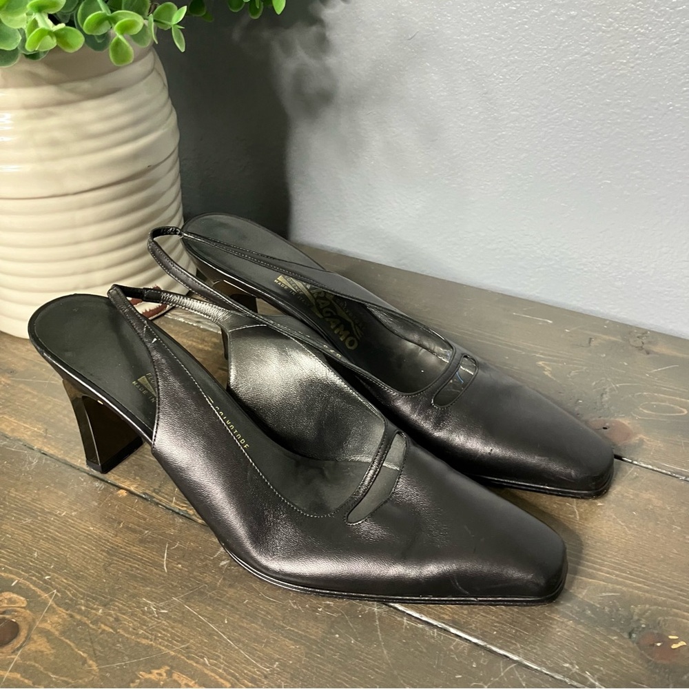 Salvatore Ferragamo Heels 8.5 Pewter Women’s Sling back Pumps Classic Evening
